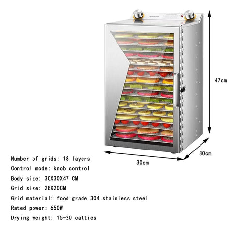 Heavy Duty Commercial Food Dehydrator 18 Trays Stainless Steel Snack Dryer with 3D Rapid Airflow and digital timer.