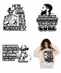 Dope Man Quotes Iron On Patches Set Of 4 featuring bold quotes in black and white for T-shirts, including one worn by a smiling woman.