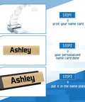 12 Pack Aluminum Desk Name Plate Holders 2 By 8 Inch Blank Name Plates for office setup steps with printer and personalized card.