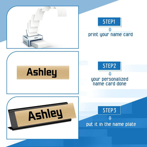 12 Pack Aluminum Desk Name Plate Holders 2 By 8 Inch Blank Name Plates for office setup steps with printer and personalized card.