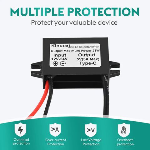 DC 12V 24V To 5V USB C Step Down Converter With Type C Interface 5A 25W Waterproof Buck Module Power Adapter, front view
