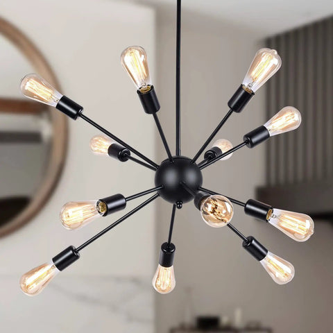 12 Light Black Sputnik Chandeliers Mid Century Modern Semi Flush Mount Ceiling Fixture For Dining Room Kitchen Island Living Room Bedroom Soft Glow And Easy Install