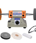 Slick Four Inch Bench Grinder Polishing Machine With Adjustable Variable Speed For Jewelry Crafting And Dental Buffing includes dual cloth wheels.