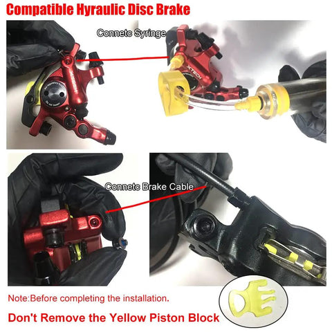 Hydraulic Disc Brake Calipers Set for Mountain Bikes and E-Bikes, installation process detail with yellow piston block.