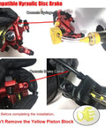 Installation of line pulling hydraulic disc brake calipers for MTB and road bikes, shown with yellow piston block in place