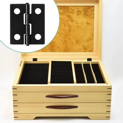50 Pcs Mini Black Hinges For Wooden Boxes With 240 Replacement Screws 18 x 15mm Matte Iron Retro Handy Hardware Kit For DIY Crafts Jewelry Boxes Dollhouses Cabinets And Drawers on display with open wooden jewelry box