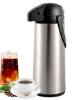 68 Oz Thermal Coffee Carafe With Pump Stainless Steel Insulated Dispenser Keeps Coffee Hot For 12 To 14 Hours And Cold For Up To 12 Hours Ideal For Home Office Travel Great For Breakfast On The Go And Office Break Rooms next to iced coffee and cup of hot coffee