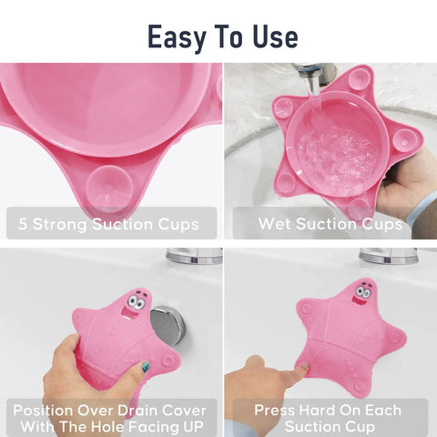 Kid Safe Silicone Bathtub Overflow Drain Cover With Five Rock Solid Suction Cups shown in use with water for easy application.