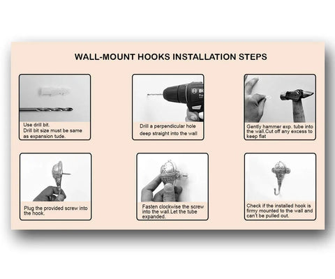 Installation steps for Rock Solid Six Piece Brass Bull Wall Hooks Hella Heavy Duty Coat Rack Key Hook Rustproof Towel Hanger.