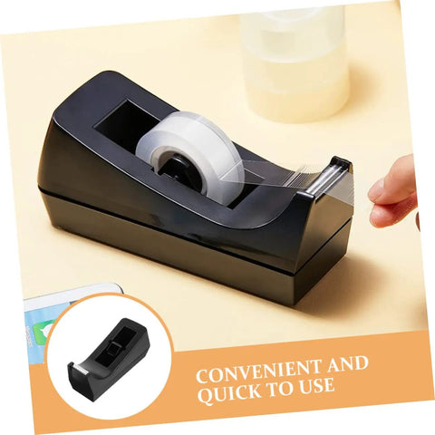 Six Station Blue Desktop Tape Dispenser Set With Six Premium Adhesive Rolls For Legit Heavy Duty Packing Smooth Desk Organization And No Sweat Sealing Top Shelf Workspace Solution - Black tape dispenser in use with adhesive roll visible.