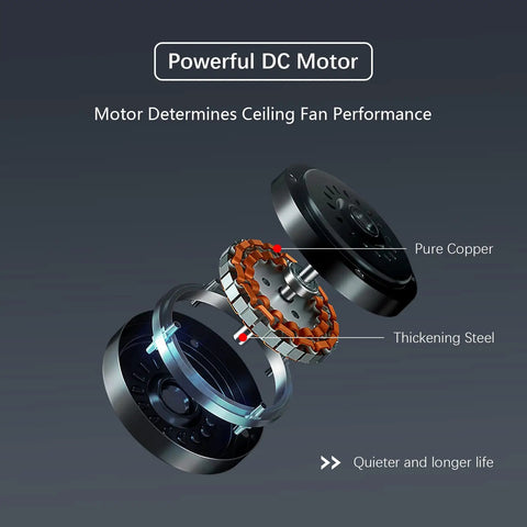 Exploded view of the powerful DC motor of the Cool 52 Inch White Ceiling Fan With Lights And Remote, showing copper and steel components.