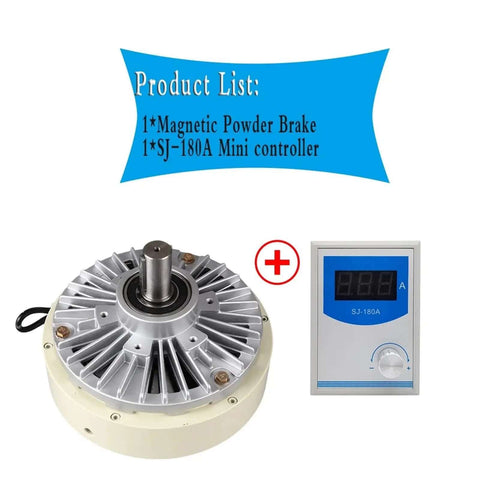 Single Shaft Magnetic Powder Brake 24V No Nonsense 6-100 Nm Torque Range and 0.6-10 Kg Tension, Controller Kit For Printing And Dyeing Machines SJ-180A Model, Durable Magnetic Powder System with brake and controller displayed.