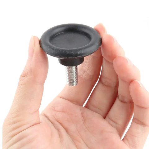 Adjustable Furniture Leveling Feet Plastic Base Metal Threads Eighty Pack in hand showing the threaded rod and base.