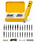No Fuss Cordless Electric Wood Carving Tool With Kickass Battery Life And Hella Smooth Blade Swaps For Precision Shaping Engraving And Detail Work On Every Project with multiple tools in a yellow case.