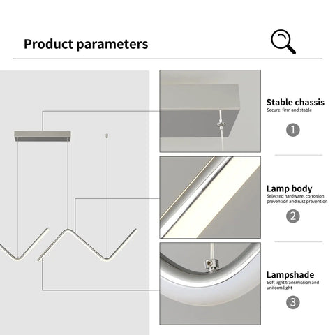 Close-up of Slick Chrome LED Dimmable Linear Wave Pendant Lights showing stable chassis, lamp body, and lampshade details.