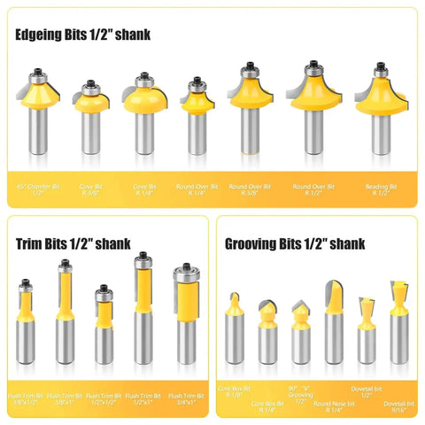 Top Shelf Flush Trim Router Bits Set With Thirty Five Tungsten Carbide Mills That Make Quick Work Of Sanding And Finish Each Wood Project With Zero Hassle Today, showing various router bits.