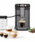 Top Shelf Fully Automatic Espresso Machine With Double Boiler And Built In Grinder For Smooth Daily Grind With 20 Bar Pressure And Crisp Gold Gray Touchscreen brewing espresso into a glass cup.