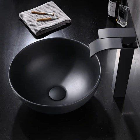 Sleek Black Vessel Sink With Drain Included, 13x13 Round Above Counter Bathroom Vanity Sink, Porcelain Ceramic Vessel With Black Pop Up Drain