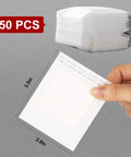 Hand holding a Go To Portable Coffee Filter Bag With Hanging Ear Design, showing 3.5in by 2.9in size, stack of 50 PCS in the background.