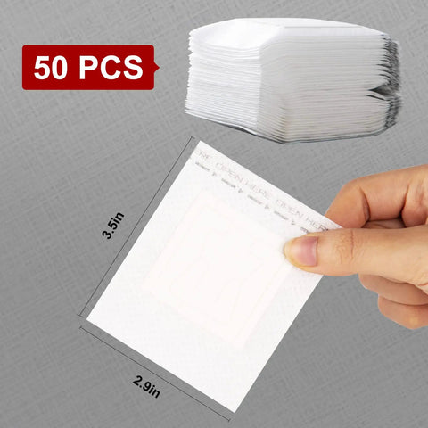 Hand holding a Go To Portable Coffee Filter Bag With Hanging Ear Design, showing 3.5in by 2.9in size, stack of 50 PCS in the background.