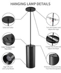 Sleek 4 Inch Led Pendant Lights, 25W Cylinder Hanging Fixtures With Dip Switch, detailing adjustable features and matte black finish.