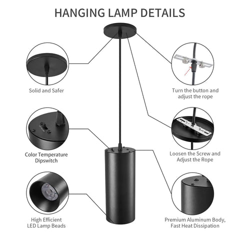 Sleek 4 Inch Led Pendant Lights, 25W Cylinder Hanging Fixtures With Dip Switch, detailing adjustable features and matte black finish.