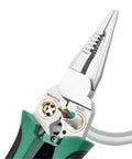 Close-up of 8 In 1 Electric Wire Stripper With Measurement Tool Green Cable Cutter Plier showing ruler markings for precision cuts.
