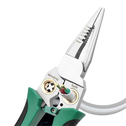 Close-up of 8 In 1 Electric Wire Stripper With Measurement Tool Green Cable Cutter Plier showing ruler markings for precision cuts.