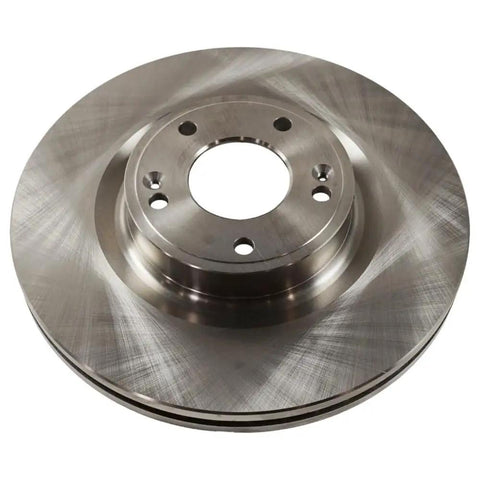 Top Shelf Four Piece Iron Plain Brake Rotor Set For Front And Rear Compatible With Hyundai Genesis Coupe 2010 To 2016 featuring five lug mount, shown from above.