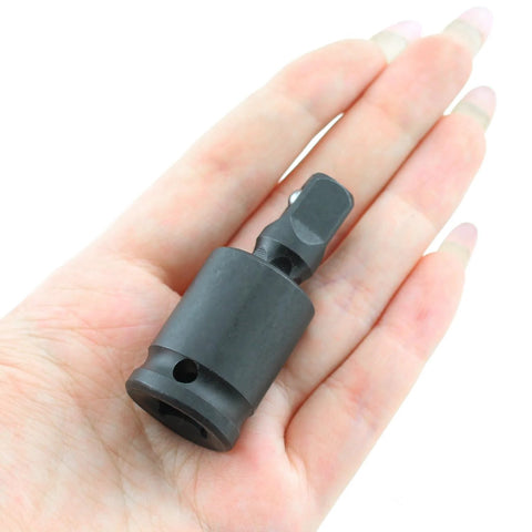 Close-up of a 3/8-inch universal joint socket adapter in black chrome-molybdenum steel