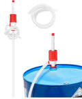 Heavy Duty 2 Pack Manual Siphon Drum Pump With 48 Inch Flexible Hose and extra replacement tubes on blue barrel top.