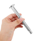 Beefed Up Heavy Duty Truck Bed Mounting Hardware Kit With Bolts Nuts And Washers In Silver Finish For Secure Bed Rails And Cargo Bed Attachments Quieter Operation And Durable Steel Construction For Rough Roads. silver steel bolt in hand