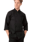 Morocco Mens Chef Coat Black XX Large Comfort Fit With Easy Movement Durable Poly Cotton Blend Reinforced Stitching, model front view.