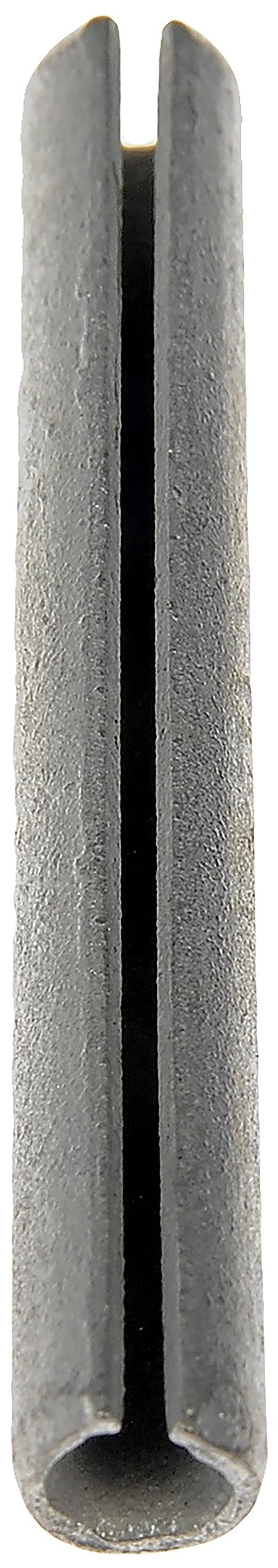 Close-up of a single roll pin, showing the split design, with a 0.25 inch diameter and 2 inch length, part of a 25 pack.