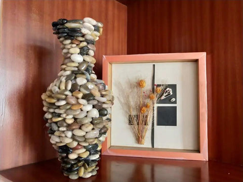 Decorative vase crafted from 10Lb Totally Versatile Natural Polished Mixed Pebbles River Rock Gravel for home decor