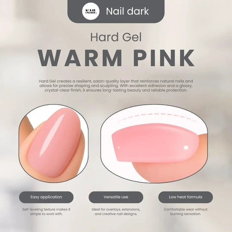 Close-up of HEMA Free Warm Pink Hard Gel for nails, showcasing a glossy and smooth finish for extensions and overlays.