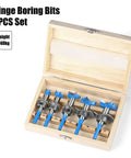 Five Piece Carbide Tipped Forstner Drill Bit Set With Hex Shank And Adjustable Sizing For Sweet Woodworking inside wooden case.