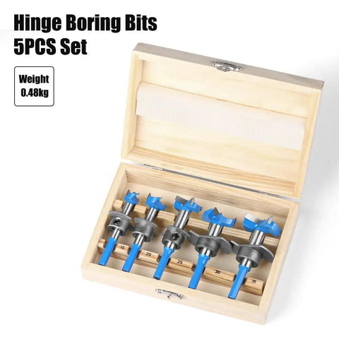 Five Piece Carbide Tipped Forstner Drill Bit Set With Hex Shank And Adjustable Sizing For Sweet Woodworking inside wooden case.