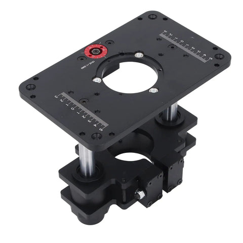 Rock Solid Router Lift System 69mm Mounting Plate with Dead Nuts Secure Locking Clamp and CNC Milled Aluminum Base.