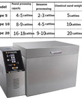 Heavy Duty Electric Nut Roaster For Coffee Beans And Peanuts, stainless steel design with capacity chart on top.