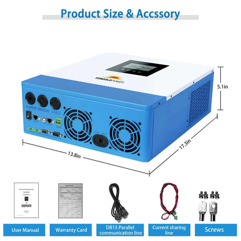 All In One 5000W 48V Pure Sine Wave Solar Inverter Charger With dimensions, user manual, cables, and screws.