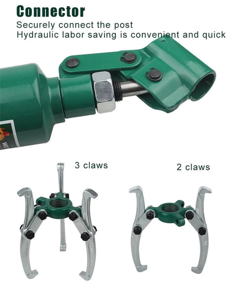 Connector of Heavy Duty 20 Ton Hydraulic Gear Puller with 2 and 3 claws for secure use in vertical or horizontal setups.