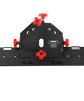 Premium 45 Degree Tile Chamfering Jig For 115 And 125 Angle Grinders on a flat surface, black steel with red knobs for precision.