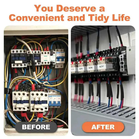 Before and after comparison of electrical wiring using 420 Pieces Heat Shrink Tube Kit With Seven Sizes Dual Wall Glue Lined