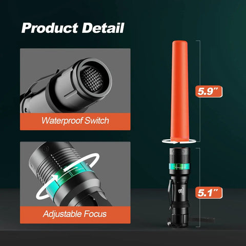 4 Pack 11 Inch LED Traffic Wand Baton With Orange Safety Cone showing waterproof switch and adjustable focus.