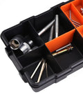 Close-up of Two Layer Plastic Tools Organizer Box For Garage And Workshop compartments with screws and small tools.