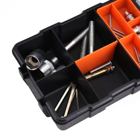 Close-up of Two Layer Plastic Tools Organizer Box For Garage And Workshop compartments with screws and small tools.