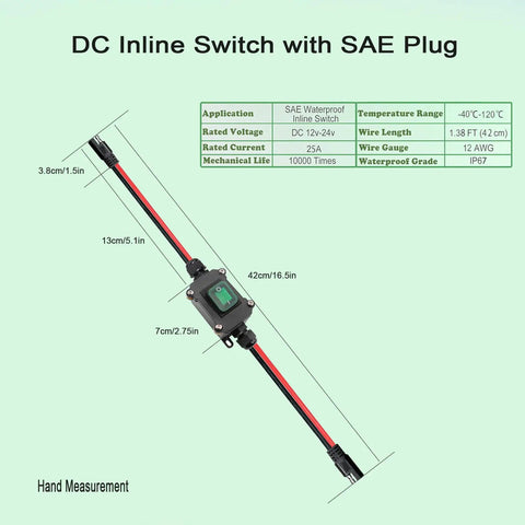 DC 12V Inline Toggle Switch Waterproof IP67 Rated 25A With 12AWG Wires Two Way Input Output Perfect For Automotive Marine RV DIY Projects Plug And Play Weatherproof On Off Power Control, shown with SAE plug and 42cm wire