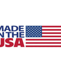 Made in the USA sign with American flag design, blue and red text next to flag