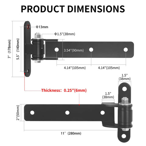 Dimensions of Beefy Built Sealed Bearing 13 Inch Gate Hinges for Outdoor Driveway Gates Up To 1000 Lbs; 6mm steel